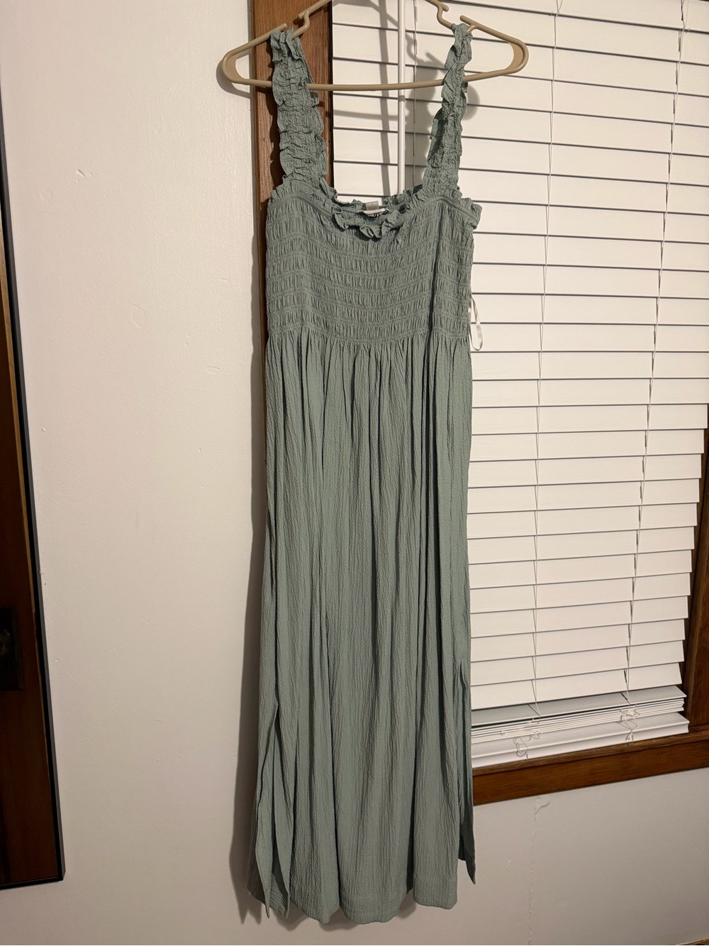 Calvin Klein Sage Green Smocked Maxi Dress with Ruffle Straps size 12
